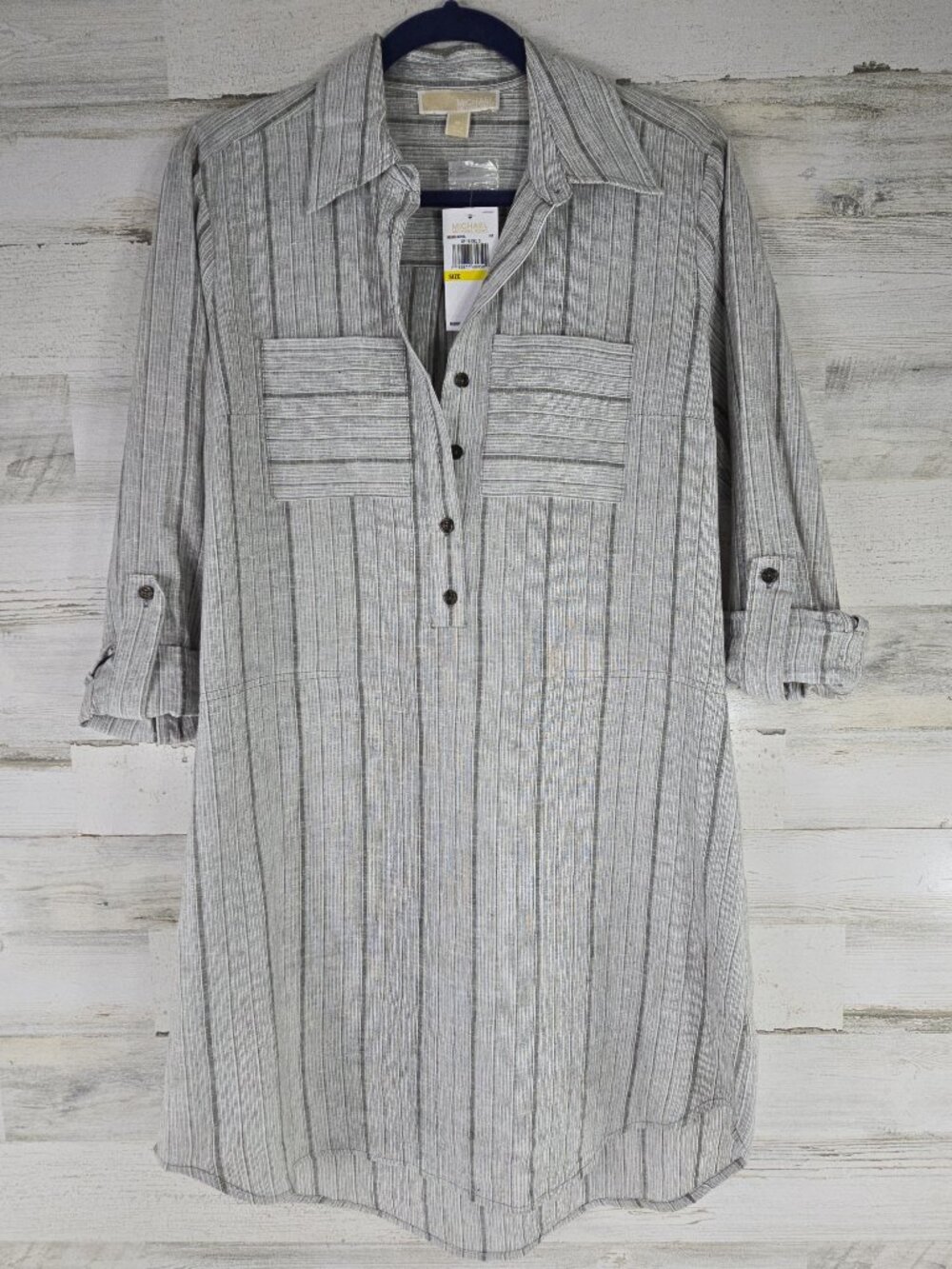 NWT Michael Kors Women’s Gray Stripe Linen Blend Casual Shirt Dress Medium $225.